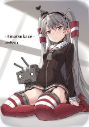 Rule 34 | 1girl, amatsukaze (kancolle), bad id, bad pixiv id, black panties, blush, brown dress, brown eyes, cnm, dress, female focus, full body, garter straps, gloves, hair between eyes, hair tubes, hat, heart, highres, horizontal-striped legwear, kantai collection, long hair, looking at viewer, mini hat, panties, red thighhighs, rensouhou-kun, sailor dress, short dress, silver hair, single glove, sitting, smoke, smoke heart, solo, striped clothes, striped thighhighs, thighhighs, thighs, tsundere, two side up, underwear