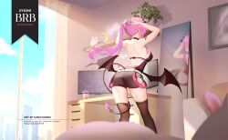 1girl ahoge arm_tattoo artist_name ass bat_wings belt black_choker black_shorts black_thighhighs black_wings bubble_tea cellphone choker commission commissioner_name couch curtains demon_girl demon_tail desk earrings english_text from_behind full-length_mirror head_wings indie_virtual_youtuber indoors jewelry jiyeuni_(vtuber) kana_yukino long_hair looking_at_mirror low_wings mirror monitor multiple_monitors phone pillow pink_hair pink_pillow pink_tail plant pointy_ears ponytail potted_plant short_shorts shorts shoulder_tattoo smartphone stuffed_animal stuffed_toy tail tattoo thighhighs thighs twitter_username tying_hair virtual_youtuber white_belt window wings