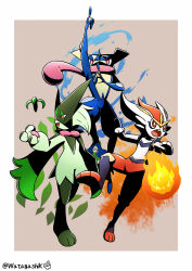 absurdres arm_up border bright_pupils brown_background cinderace commentary_request fire gen_6_pokemon gen_8_pokemon greninja hand_up highres meowscarada nintendo open_mouth pink_eyes pokemon pokemon_(creature) pokemon_focus red_eyes smile tongue twitter_username watagashikn water white_border white_pupils