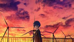 Rule 34 | 1boy, arms at sides, behind-the-head headphones, black jacket, black ribbon, blazer, blue hair, cloud, cloudy sky, dappled sunlight, digital media player, dress shirt, evening, facing to the side, grey eyes, hair over one eye, headphones, jacket, lanyard, light smile, listening to music, looking to the side, male focus, open clothes, open jacket, orange sky, outdoors, persona, persona 3, railing, ribbon, school uniform, shirt, sky, sunlight, tsukitaka, watermark, white shirt, windmill, yuuki makoto (persona 3)