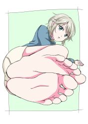 1girl anastasia_(idolmaster) barefoot blue_eyes blush commentary_request feet foot_focus highres idolmaster idolmaster_cinderella_girls leafar looking_at_viewer no_shoes open_mouth short_hair silver_hair soles toes