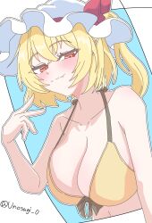 1girl bikini blonde_hair blue_background blush breasts cleavage closed_mouth collarbone fang flandre_scarlet half-closed_eyes hat highres large_breasts looking_at_viewer mob_cap navel one_side_up outline red_eyes skin_fang solo swimsuit touhou twitter_username upper_body usonagi_0 white_hat white_outline yellow_bikini