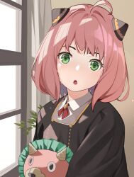 Rule 34 | 1girl, :o, ahoge, anya (spy x family), black dress, commentary, director chimera (spy x family), dress, eden academy school uniform, gold trim, green eyes, hairpods, highres, holding, holding stuffed toy, looking at viewer, nonh (wormoftank), open mouth, pink hair, school uniform, short hair, solo, spy x family, stuffed toy, upper body, window