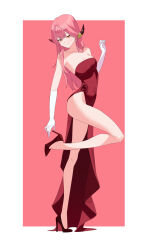 1girl absurdres adjusting_footwear aru_(blue_archive) aru_(dress)_(blue_archive) bare_shoulders blue_archive breasts commentary dress earrings elbow_gloves full_body gloves high_heels highres horns jewelry medium_breasts no_halo pink_hair qije red_dress red_shoes shoes side_slit solo standing standing_on_one_leg thighs white_gloves yellow_eyes