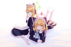 2girls absurdres animal_ear_headphones animal_ears apron arm_support artist_name black_dress black_ribbon blonde_hair blue_archive cat_ears chinese_commentary commentary_request dress fake_animal_ears frilled_apron frilled_dress frills full_body green_eyes green_halo hair_ribbon halo headphones highres long_sleeves lying maid maid_apron maid_headdress medium_hair midori_(blue_archive) midori_(maid)_(blue_archive) momoi_(blue_archive) momoi_(maid)_(blue_archive) multiple_girls no_shoes official_alternate_costume on_stomach pantyhose pink_eyes pink_halo puffy_long_sleeves puffy_sleeves ribbon shadow sidelocks sitting twintails wariza white_apron white_background white_pantyhose ximilulu