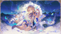 1girl absurdres bare_shoulders blonde_hair blue_eyes cartethyia_(wuthering_waves) character_name chinese_commentary collar commentary_request crown_of_thorns earrings floating_hair full_body hand_up high_heels highres jewelry long_hair looking_at_viewer necklace niukou_kouzi outdoors parted_lips pointy_ears sandals sidelocks sitting solo tabard tacet_mark_(wuthering_waves) thighs tree_horns very_long_hair white_tabard wuthering_waves yokozuwari