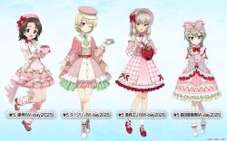 4girls bag beret blonde_hair blue_background blue_eyes blush bonnet boots bow bowtie braid brown_eyes brown_hair character_name collared_shirt cup darjeeling_(girls_und_panzer) dress floral_print flower food food-themed_bag food-themed_clothes food_print frilled_bow frilled_dress frilled_skirt frilled_sleeves frills fruit_print full_body fur-trimmed_boots fur_trim girls_und_panzer girls_und_panzer_senshadou_daisakusen! green_bow green_necktie grey_hair hair_between_eyes hair_bow handbag hat hat_bow hat_ribbon highres holding holding_food holding_milk_carton holding_saucer itsumi_erika layered_skirt leg_warmers legs mary_janes milk_carton multiple_girls necktie official_art one_eye_closed open_mouth pantyhose pink_bonnet pink_bow pink_dress pink_leg_warmers pink_shirt pink_shoes pink_skirt plaid_clothes plaid_dress puffy_short_sleeves puffy_sleeves red_bow red_bowtie red_shoes ribbon saucer sawa_azusa shimada_arisu shirt shoes short_hair short_necktie short_sleeves sidelocks skirt smile socks standing strawberry_print teacup thighs translated twin_braids white_boots white_bow white_bowtie white_flower white_pantyhose white_socks