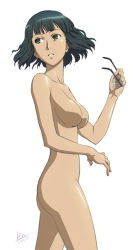 1girl blunt_bangs breasts female_focus glasses green_eyes green_hair looking_back matching_hair/eyes mcq nude original short_hair signature solo wavy_hair