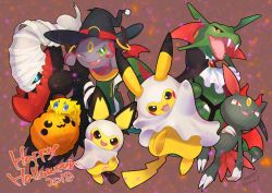 2018 ;d black_headwear blue_eyes bright_pupils cape colored_sclera commentary creatures_(company) darkrai fang game_freak gen_1_pokemon gen_2_pokemon gen_3_pokemon gen_4_pokemon gen_5_pokemon gen_6_pokemon green_eyes happy_halloween hat clothed_pokemon hoopa hoopa_(confined) jewelry joltik kikuyoshi_(tracco) legendary_pokemon mythical_pokemon nintendo no_humans one_eye_closed open_mouth pichu pikachu pokemon pokemon_(creature) rayquaza ring smile sneasel white_pupils witch_hat yellow_sclera