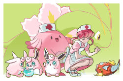 1girl antennae apron b2b_beetoboo chansey dress gen_1_pokemon gen_2_pokemon hat highres joy_(pokemon) magikarp meganium nintendo nurse_cap pink_dress pink_fur pink_hair pokemon pokemon_(creature) shoes squatting two-tone_fur white_apron white_fur white_shoes wigglytuff