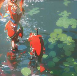 1boy 1girl aged_down colored_skin fins fish_boy fish_girl head_tail headgear highres holding holding_polearm holding_weapon lily_pad mipha monster_boy monster_girl nature nintendo polearm pond red_skin redum4 reflection ripples sidon the_legend_of_zelda the_legend_of_zelda:_breath_of_the_wild water weapon zora