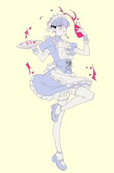 Rule 34 | 1boy, bridge piercing, dress, ear piercing, earrings, face piercing, full body, highres, jewelry, ketchup, ketchup bottle, limited palette, maid, male focus, omokage yugamu, one eye covered, one leg raised, open mouth, piercing, simple background, solo, solo focus, standing, standing on one leg, the hundred line -last defense academy-, thighhighs, yellow background