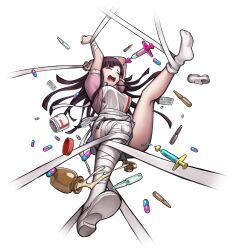 1girl apron bandaged_leg bandages blue_skirt bottle closed_eyes d: danganronpa_(series) danganronpa_2:_goodbye_despair heart long_hair official_art open_mouth oshiro_project:re pill pink_shirt puffy_short_sleeves puffy_sleeves red_hair shirt shoes short_sleeves single_shoe skirt socks solo syringe teeth torn_apron torn_clothes torn_shirt torn_skirt transparent_background tsumiki_mikan upper_teeth_only white_apron