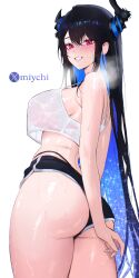 1girl absurdres arm_behind_back ass asymmetrical_horns black_hair black_shorts blue_hair blush breasts colored_inner_hair commentary crop_top dolphin_shorts english_commentary from_behind hair_between_eyes highres hololive hololive_english horns large_breasts long_hair miychi mole mole_under_eye multicolored_hair nerissa_ravencroft red_eyes see-through_clothes shorts simple_background solo twitter_username uneven_horns very_long_hair virtual_youtuber wet white_background