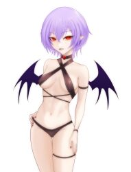 1girl bat_wings bikini black_bikini breasts choker crossed_bangs highres looking_at_viewer merihari07 midriff navel pointy_ears purple_hair red_eyes red_nails remilia_scarlet short_hair simple_background small_breasts solo swimsuit thigh_strap touhou white_background wings