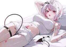 1girl absurdres ahoge bandaid bandaid_on_arm bandaid_on_leg breasts camisole demon_tail dolphin_shorts highres kkato large_breasts lying multicolored_hair navel o-ring o-ring_thigh_strap original pink_hair pointy_ears short_hair shorts smile solo streaked_hair tail tattoo thigh_strap white_camisole white_hair white_shorts