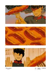 2boys black_hair blurry blurry_foreground food fork golden_kamuy hanazawa_yusaku highres holding holding_fork long_sleeves male_focus military_uniform multiple_boys naruysae nervous_sweating parted_lips shrimp shrimp_tempura sideburns signature sparkle sugimoto_saichi sweat tempura