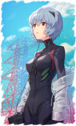 ayanami_rei black_bodysuit blue_hair blue_sky bodysuit breasts cloud collarbone cowboy_shot day drawstring earphones hair_between_eyes hair_ornament highres holding interface_headset_(evangelion) long_sleeves looking_afar looking_away makamati md5_mismatch mecha_pilot_suit medium_breasts neon_genesis_evangelion open_clothes open_mouth outdoors plugsuit_(evangelion) power_lines red_eyes resolution_mismatch see-through_clothes short_hair skin_tight sky solo sony source_smaller transmission_tower