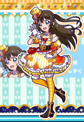 Rule 34 | 1girl, aqua eyes, argyle clothes, argyle legwear, arm garter, artist name, artist request, back bow, bag, bare shoulders, black boots, blue eyes, blush, boots, bow, bowtie, bracelet, breasts, brown corset, brown hair, cheer for you!!, cheer for you!! (love live!), clenched hand, collarbone, corset, dream land! dream world!, dream land! dream world! (love live!), dress, earrings, female focus, floating hair, frilled dress, frilled skirt, frills, full body, fur-trimmed legwear, fur collar, fur trim, gem, gloves, hair between eyes, half updo, hand wave, handbag, hat, hat bow, high heel boots, high heels, high ponytail, highres, jewelry, long hair, looking at viewer, love live!, love live! nijigasaki high school idol club, love live! school idol festival, mini hat, mini top hat, miniskirt, necklace, orange bow, orange dress, orange legwear, orange skirt, osaka shizuku, parted lips, pearl (gemstone), pearl bracelet, pearl necklace, plaid clothes, plaid dress, plaid skirt, pleated, pleated dress, pleated skirt, ponytail, puffy short sleeves, puffy sleeves, red bow, short sleeves, skirt, smile, solo, standing, standing on one leg, striped clothes, striped dress, top hat, vertical-striped clothes, vertical-striped dress, wavy hair, white gloves, white skirt, yellow dress, yellow hat, yellow skirt