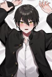 Rule 34 | 1boy, agamemega, arms up, bed sheet, black hair, black jacket, blush, buttons, collarbone, collared shirt, commentary, gold buttons, hair between eyes, highres, jacket, kogane-kun (agamemega), looking at viewer, lying, male focus, mole, mole under eye, mole under mouth, multiple moles, on back, open mouth, original, shirt, short hair, solo, suit jacket, sweatdrop, tongue, white shirt, yellow eyes