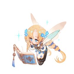 1girl blonde_hair blony_(mabinogi) blue_eyes blue_flower book fairy flower gloves highres holding holding_quill mabinogi quill robe thinking wings