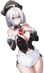 1girl 4-finger_heart_hands absurdres aika_(reia_76) apron artist_name ascot bare_shoulders bicorne bikini black_corset black_hat blush breasts cleavage closed_mouth commentary commission corset cosplay detached_sleeves frilled_apron frills goddess_of_victory:_nikke hat heart heart_hands highres juliet_sleeves large_breasts long_sleeves looking_at_viewer mast_(nikke) mast_(nikke)_(cosplay) mast_(romantic_maid)_(nikke) navel original pirate_hat puffy_sleeves purple_eyes red_ascot reia_76 short_hair side-tie_bikini_bottom simple_background smile solo swimsuit thighs waist_apron white_apron white_background white_hair white_wrist_cuffs wrist_cuffs