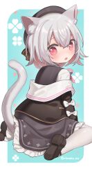 Rule 34 | 1girl, animal ears, beret, black dress, black jacket, black shoes, blue background, blush, bow, cat ears, cat girl, cat tail, cloneko (zelmeledf2), commentary, dress, from behind, full body, grey hair, hat, highres, jacket, long sleeves, looking at viewer, open mouth, pantyhose, pink eyes, ribbon, sayo (voicevox), shirt, shoe soles, shoes, short hair, sitting, solo, tail, voicevox, wariza, white bow, white pantyhose, white shirt
