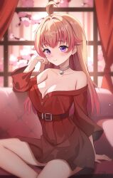 1girl absurdres ahoge arm_support bare_shoulders bell belt blush breasts cherry_blossoms cleavage closed_mouth collarbone commentary couch curtains dress highres indoors large_breasts light_particles long_hair looking_at_viewer neck_bell off_shoulder on_couch orange_hair purple_eyes red_belt red_dress sitting smile solo teeth_bro thighs wakatsuki_niko witch_watch