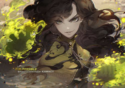 1girl black_hair colored_skin female_focus fire green_eyes jewelry kawacy kim_possible_(series) shego smile solo upper_body