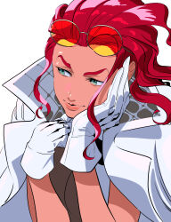 1girl absurdres breasts caxqov crimson_viper dark-skinned_female dark_skin gloves green_eyes hand_on_own_face highres orange-tinted_eyewear red_hair round_eyewear solo street_fighter street_fighter_6 sunglasses tinted_eyewear wavy_hair white_gloves