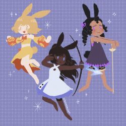 Rule 34 | 3girls, animal ears, barefoot, black hat, blonde hair, blue eyes, blush, bow, bow (weapon), closed mouth, commentary, dancer rabbit, dark-skinned female, dark skin, detached sleeves, dress, drill hair, english commentary, foil (fencing), frown, full body, grid background, hat, holding, holding bow (weapon), holding sword, holding weapon, long hair, looking afar, looking at viewer, multiple girls, open mouth, orange bow, pepperbloom, purple dress, purple eyes, rabbit and steel, rabbit ears, rabbit girl, rabbit tail, short hair, skirt, sleeveless, sleeveless dress, smile, sniper rabbit, sparkle, spellsword rabbit, strapless, sword, tail, tube top, twin drills, weapon, white dress, yellow eyes, yellow skirt, yellow sleeves, yellow tube top