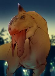 absurdres blood blood_in_mouth blood_on_face brown_eyes combos_&amp;_doodles dinosaur guro highres horns majungasaurus no_humans original simple_background single_horn