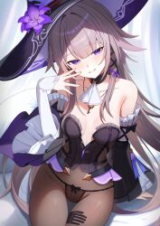 1girl absurdres ascot bare_shoulders black_panties blush bodice bodystocking breasts brown_hair commentary covered_navel detached_sleeves fingernails flower hair_ribbon hand_up hat hat_flower herta_(honkai:_star_rail) highres honkai:_star_rail honkai_(series) jewelry key key_necklace long_hair long_sleeves looking_at_viewer medium_breasts melreon necklace panties parted_lips purple_eyes purple_flower purple_hat purple_ribbon ribbon sitting smile solo the_herta_(honkai:_star_rail) thigh_gap thighs underwear very_long_hair white_ascot witch_hat