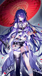 1girl acheron_(honkai:_star_rail) adapted_costume artist_name bandaged_leg bandages bare_shoulders belt black_shorts chinese_commentary coat commentary_request feet_out_of_frame flower hair_ornament hair_over_one_eye halterneck highres holding holding_umbrella honkai:_star_rail honkai_(series) long_hair looking_at_viewer midriff nail_polish navel off_shoulder purple_eyes purple_flower purple_hair purple_nails rain red_umbrella sheya short_shorts short_sleeves shorts signature single_thighhigh solo standing thigh_strap thighhighs umbrella very_long_hair white_belt white_coat