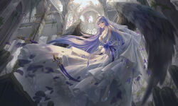 1girl absurdres arch architecture azur_lane bare_shoulders birds-mix black_wings bouquet breasts bridal_veil bride building cathedral cleavage dress flower flying from_below full_body gloves gothic_architecture high_heels highres indoors lace lace-trimmed_dress lace-trimmed_gloves lace_trim large_breasts layered_dress long_dress long_hair looking_at_viewer looking_down official_alternate_costume oversized_wings pillar purple_eyes purple_flower purple_hair purple_petals purple_ribbon purple_rose ribbon rodney_(azur_lane) rodney_(meta)_(azur_lane) rodney_(palace_of_blessings)_(azur_lane) rose ruins see-through_cleavage see-through_clothes shoes sky sleeveless sleeveless_dress solo stained_glass tiara veil very_long_hair wedding_dress white_dress white_flower white_gloves white_rose white_shoes window wings
