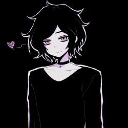 1boy :3 anmo418 arms_at_sides ashley_graves black_background choker chromatic_aberration closed_mouth collarbone film_grain genderswap genderswap_(ftm) hair_flaps heart high_contrast highres long_sleeves looking_at_viewer male_focus monochrome pink_eyes shirt short_hair simple_background solo spot_color the_coffin_of_andy_and_leyley upper_body