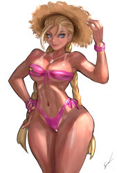1girl bikini blonde_hair blue_eyes cammy_white hand_on_own_hat hand_on_own_hip hat highres long_hair official_alternate_costume orion-m purple_bikini scar scar_on_face smile street_fighter street_fighter_6 sun_hat swimsuit tan tanline twintails wide_hips