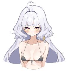 1girl :&lt; bikini bikini_top_only breasts ekah96 grey_hair highres looking_at_viewer mabinogi multicolored_eyes purple_eyes rowan_(mabinogi) swimsuit two-tone_eyes yellow_eyes