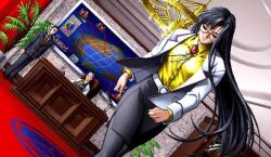 1990s_(style) 1girl 2boys butler candle chandelier desk game_cg glasses globe lab_coat long_hair multiple_boys ningyou_tsukai_2 office pixel_art retro_artstyle walking walking_away yokota_mamoru