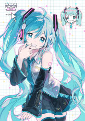 1girl ahoge aqua_eyes aqua_hair aqua_nails aqua_necktie artist_name balabling bare_shoulders black_skirt braces chibi chibi_inset collared_shirt commentary_request cursor detached_sleeves earphones floating_hair frilled_shirt frills grey_shirt grin hair_between_eyes hair_ornament hatsune_miku highres long_hair looking_at_viewer mouth_pull necktie pleated_skirt shirt shoulder_tattoo simple_background skirt sleeveless sleeveless_shirt smile tareme tattoo very_long_hair vocaloid wide_sleeves