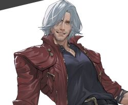 1boy beard_stubble belt belt_buckle black_belt black_shirt blue_eyes buckle collared_jacket collared_shirt commentary_request dante_(devil_may_cry) devil_may_cry_(series) devil_may_cry_5 facial_hair grin jacket looking_down luckytea_777 male_focus open_collar parted_hair popped_collar red_jacket shirt sleeves_rolled_up smile solo stubble teeth unzipped white_hair zipper