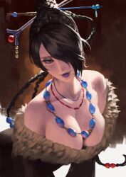 1girl beads black_dress braid breasts brown_fur brown_hair bun_with_braided_base cleavage commentary dress english_commentary final_fantasy final_fantasy_x fur-trimmed_dress fur_trim grey_eyes hair_beads hair_between_eyes hair_ornament hair_over_one_eye highres jewelry large_breasts leaning_forward lipstick long_hair lulu_(ff10) makeup mole mole_under_mouth multiple_braids multiple_necklaces necklace one_eye_covered phamoz purple_lips simple_background solo strapless strapless_dress upper_body wide_sleeves