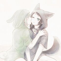 Rule 34 | 2girls, animal costume, animal ears, bang dream!, bang dream! it&#039;s mygo!!!!!, biting, biting cheek, black choker, black hair, blue eyes, choker, green hair, hand on another&#039;s shoulder, highres, hood, hood up, long hair, multiple girls, one eye closed, onesie, rabbit costume, rabbit ears, rabbit tail, short sleeves, simple background, tail, wakaba mutsumi, white background, wolf costume, wolf ears, wolf tail, yahata umiri, yakaze (yakaze1604), yellow eyes, yuri