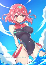 Rule 34 | 1girl, arm behind back, artist name, black one-piece swimsuit, blue sky, bob cut, breasts, chest jewel, closed mouth, commentary request, core crystal (xenoblade), covered erect nipples, covered navel, cowboy shot, day, gem, green gemstone, large breasts, looking at viewer, one-piece swimsuit, outdoors, patreon username, pyra (pro swimmer) (xenoblade), pyra (xenoblade), red eyes, red hair, short hair, sky, smile, solo, swimsuit, tiara, vekneim, wading, water, xenoblade chronicles (series), xenoblade chronicles 2
