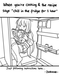 1girl asymmetrical_legwear book can character_name commentary crossed_legs drink_can english_text greyscale guin_guin hair_ribbon in_container in_refrigerator isokaze_(kancolle) kantai_collection kneehighs long_hair long_sleeves meme monochrome parody pleated_skirt reading refrigerator refrigerator_interior ribbon school_uniform serafuku single_kneehigh single_sock single_thighhigh sitting skirt socks soda_can thighhighs too_literal tress_ribbon uneven_legwear