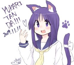 1girl animal_ears blue_sailor_collar blush bow cat_ears cat_tail dated hand_up heart hinata_yukari kemonomimi_mode kibari long_hair long_sleeves looking_at_viewer neckerchief open_mouth paw_print purple_eyes sailor_collar school_uniform serafuku shirt signature simple_background smile solo tail tail_bow tail_ornament white_background white_shirt yellow_neckerchief yuyushiki yuyushiki&#039;s_school_uniform