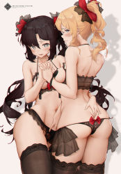 2girls ass back bare_arms bare_shoulders black_bra black_hair black_panties blonde_hair blue_eyes blush bow bow_panties bra breasts brown_legwear butt_crack chinese_commentary collarbone commentary_request cowboy_shot cupless_bra duplicate english_text from_behind genshin_impact groin hair_between_eyes hair_ribbon halterneck hand_up heart heart-shaped_pupils highres holding_hands jean_(genshin_impact) l_ract lace lace-trimmed_legwear lace-trimmed_panties lace_trim lingerie long_hair looking_at_viewer looking_back medium_breasts mona_(genshin_impact) multiple_girls navel panties parted_lips pasties ponytail red_bow red_ribbon ribbon sidelocks simple_background standing stomach symbol-shaped_pupils thighhighs twintails underwear underwear_only very_long_hair white_background yuri