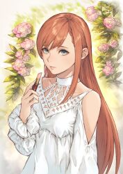 1girl blue_eyes border clothing_cutout cosmetics dress expressionless fading_border final_fantasy final_fantasy_xiv flower highres holding holding_lipstick_tube hyur lace lace-trimmed_dress lace_trim leaf lipstick_tube long_hair looking_at_viewer makimura_shunsuke orange_hair parted_lips pink_flower pink_rose rose ryne_waters shoulder_cutout solo swept_bangs upper_body white_dress