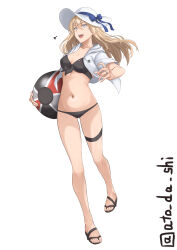 1girl :d absurdres alternate_costume atodashi ball beachball bikini bismarck_(kancolle) black_bikini blonde_hair blue_eyes blush breasts feet full_body hair_between_eyes hat highres jacket jewelry kantai_collection large_breasts legs long_hair looking_at_viewer navel open_mouth ring sandals smile solo sun_hat swimsuit toenails toes twitter_username wedding_ring white_background white_hat