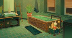 artist_name bathroom bathtub blinders commentary english_commentary faucet indoors ladder mat mirror night night_sky no_humans original pegushi plant potted_plant scenery shampoo_bottle sink sky tile_floor tile_wall tiles